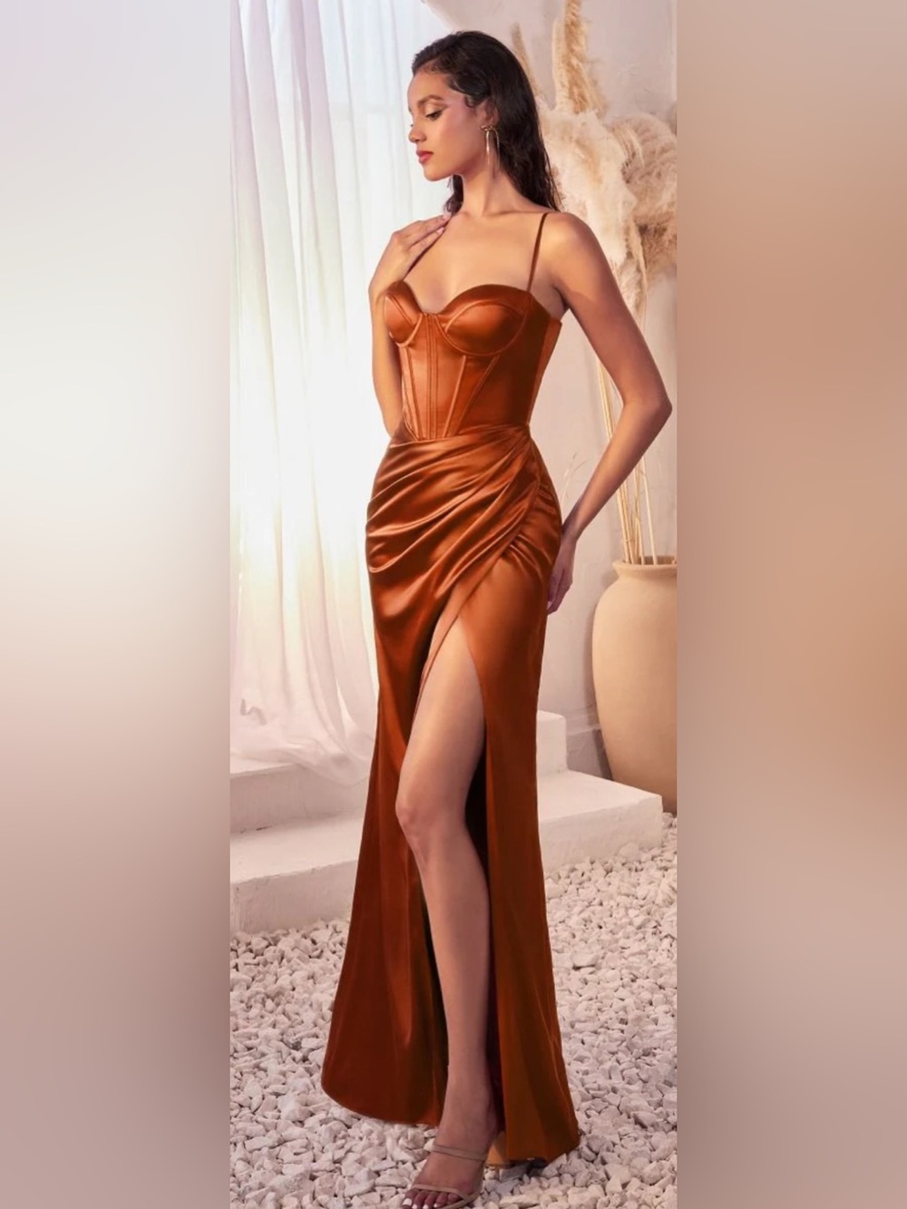 Crystal Doll Copper Satin Corset High-Slit Evening Gown